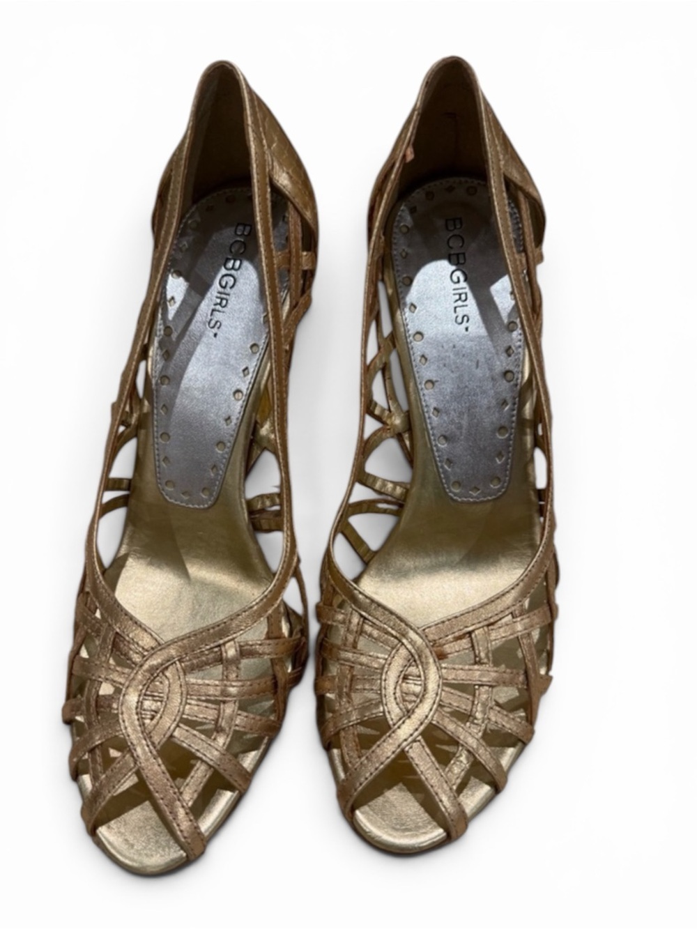 BCBGirls Gold Metallic Cutout Peep Toe Heels Size 8.5